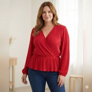 ON 34th Plissé Surplice-Neck Peplum Cherry Red Party Top Size 2X NWT